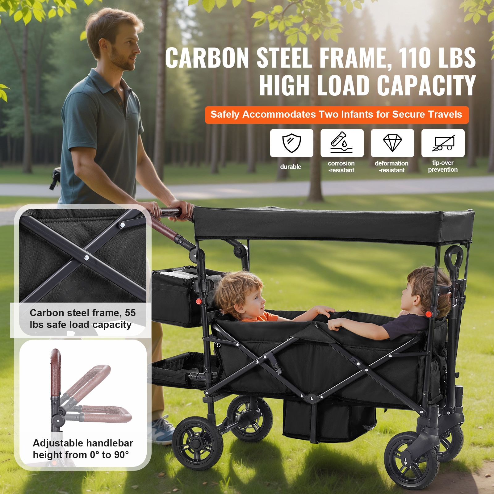 Foldable Garden Wagon Stroller For Two Kids With Canopy Black_voghion.com